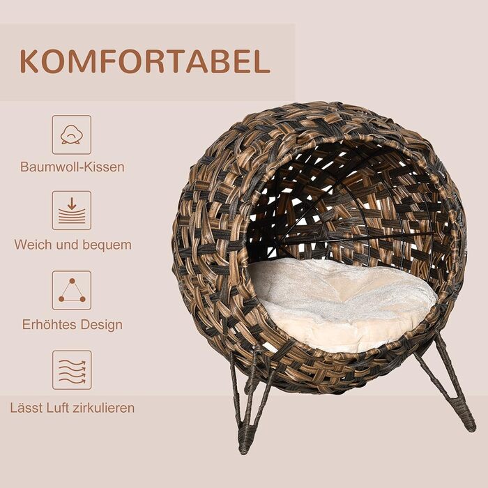 Будиночок для кота PawHut з ротангу з подушкою, котяче ліжко-купол на піднятих ніжках, натуральний, Ø52x58 см, коричневий