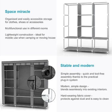 Тканинна шафа INTIRILIFE 150x175x45 см з блискавкою, полицями, штангою та бічною кишенею, для одягу, кемпінгу, сірий
