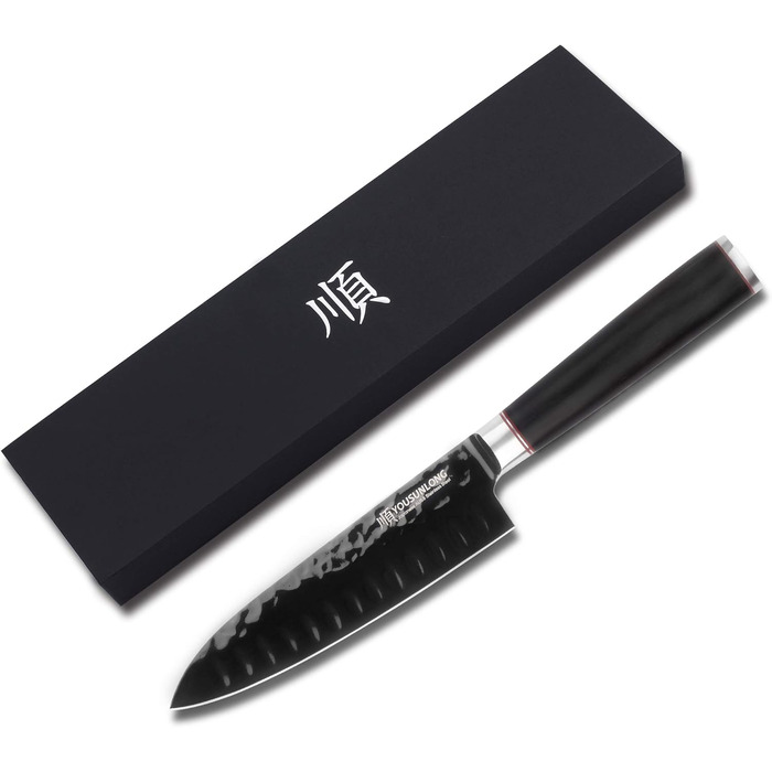 Кухонний ніж Santoku YOUSUNLONG 18 см з японської сталі AUS8, чорне титанове покриття, рукоятка з ебенового дерева