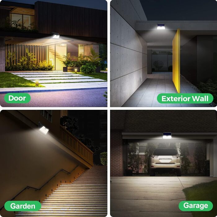 Сонячні LED світильники для вулиці з датчиком руху, 185 LED, 3 режими, водонепроникні, для стіни, саду, двору, гаража, вхідних дверей (холодне біле світло)