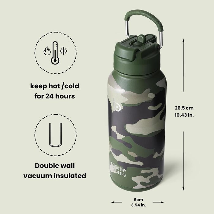 Пляшка для води з нержавіючої сталі BOTTLE BOTTLE 1 л з трубочкою, термос для спорту та фітнесу, ізольована, з відсіком для пігулок, BPA-free, подвійна стінка, джунглі-камуфляж