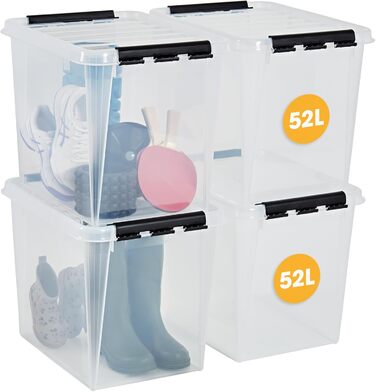 Прозорі пластикові коробки для зберігання SmartStore з кришкою, 52 л, 4 шт, харчовий пластик, посилені, BPA-free, стійкі до штабелювання, з кліпсами, 50x39x41 см, гарантія 10 років