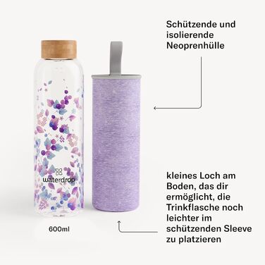 Скляна пляшка для води Waterdrop Edition 600 мл, боросилікатне скло, герметична, підходить для газованої води, BPA Free, з неопреновим чохлом, можна мити в посудомийці (Boost Melange)