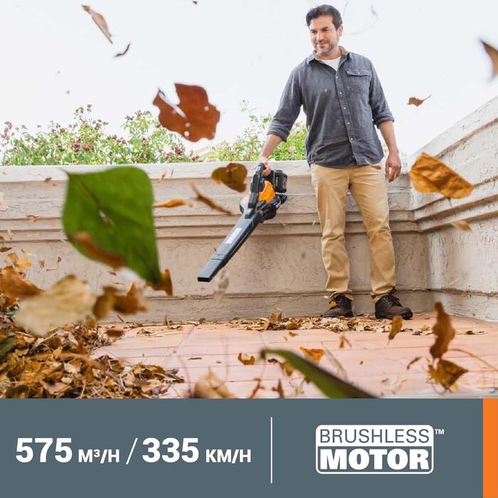 Акумуляторний повітродув та пилосос WORX WG583E.9 40В (2x20В), 2-в-1 для збору та всмоктування листя, мішок 35 л, без акумулятора і зарядного, чорний/помаранчевий