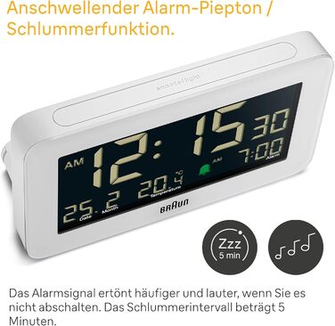 Цифровий годинник Braun BC10W з датою, місяцем і температурою, негативний LCD-дисплей, швидке налаштування та наростаючий сигнал, білий