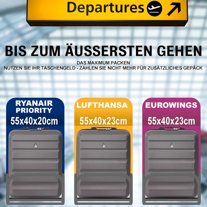 Легкий жорсткий чемодан Aerolite 55x40x20 см для ручної поклажі, сірий, 2 колеса, підходить для Lufthansa, Ryanair, Eurowings, TUI, SunExpress, Condor, кабінний тролейбус