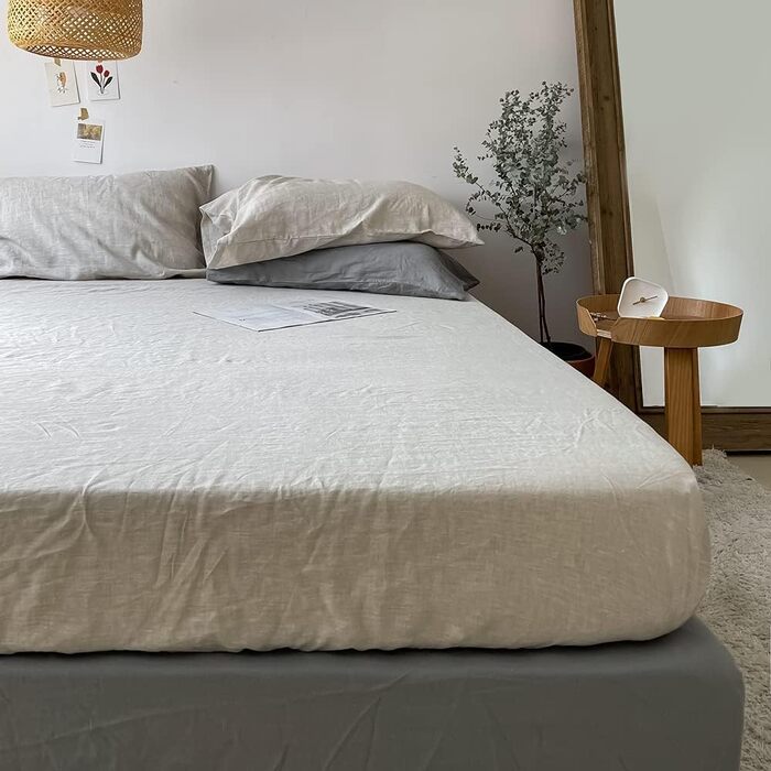 Простиня на гумці Simple&Opulence, 100% натуральний льон, висота борта до 35 см, дихаюча, терморегулююча, сертифікат OEKO-TEX, 182x200 см, натуральний колір