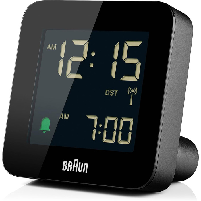 Цифровий радіо-будильник Braun BC09B-DCF з негативним LCD-дисплеєм, функцією швидкого налаштування, поступовим сигналом, режимом сну, для центральноєвропейського часу, чорний