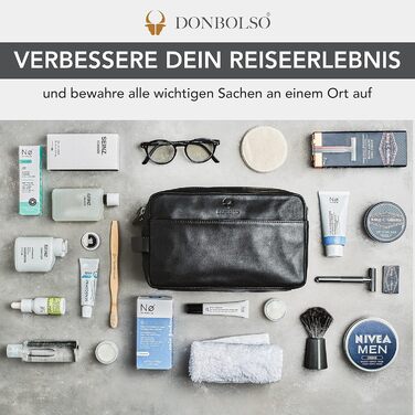 Шкіряна косметичка DONBOLSO Stockholm, преміум-органайзер для подорожей, чорна вінтажна, 25x13x15 см, для жінок і чоловіків, з багатьма відділеннями