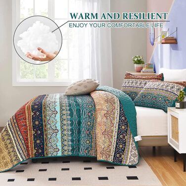 Покривало WONGS BEDDING Boho 220x240 см, стьобане, мікрофібра, комплект 3 в 1 (2 наволочки 50x70), для двоспального ліжка та дивана, бежево-зелене, для спальні