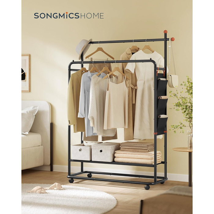 Вішак для одягу на колесах SONGMICS HOME, 2 штанги, полиця, органайзер, гачки, сталевий, для спальні та коридору, чорний