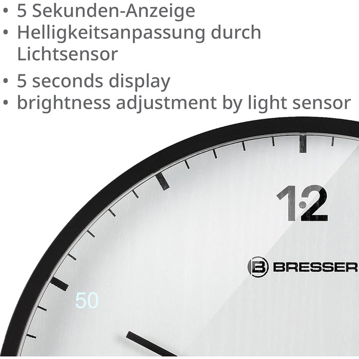 Стіна годинник Bresser MyTime 24 см, радіокерований, безшумний, LED секундомір, термометр, білий