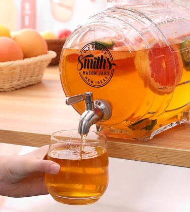 Диспенсер для води Smiths Mason Jars 5 л зі сталевим краном і скляною кришкою — для холодильника, для напоїв, інфузованої води та соків, металевий кран, компактний дизайн