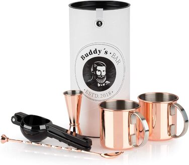 Набір для коктейлів Moscow Mule: 2 кухлі 500 мл, мірний стакан 5cl, барна ложка 27 см, чорна преса для лайму, харчова мідь, подарункова коробка