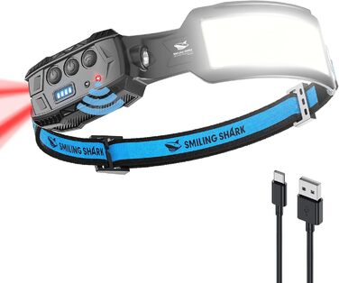 Лобовий ліхтар Smiling Shark 7 LED, 270° з датчиком руху, суперяскраве біле та червоне світло, акумуляторний, для кемпінгу, риболовлі, ремонту