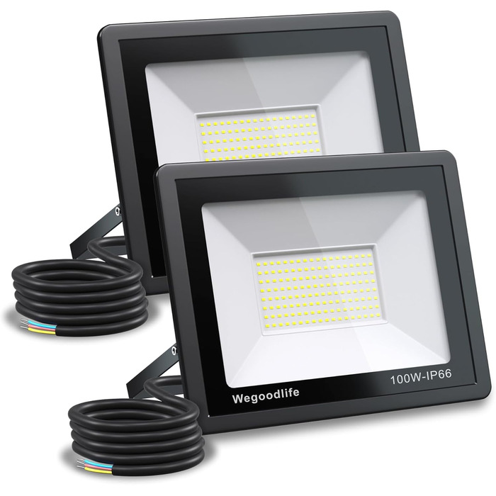 Комплект із 2 LED прожекторів 100W, 8140Лм, тепле біле світло 3000K, IP66, водонепроникні, для вулиці, двору, гаража, під'їзду, саду
