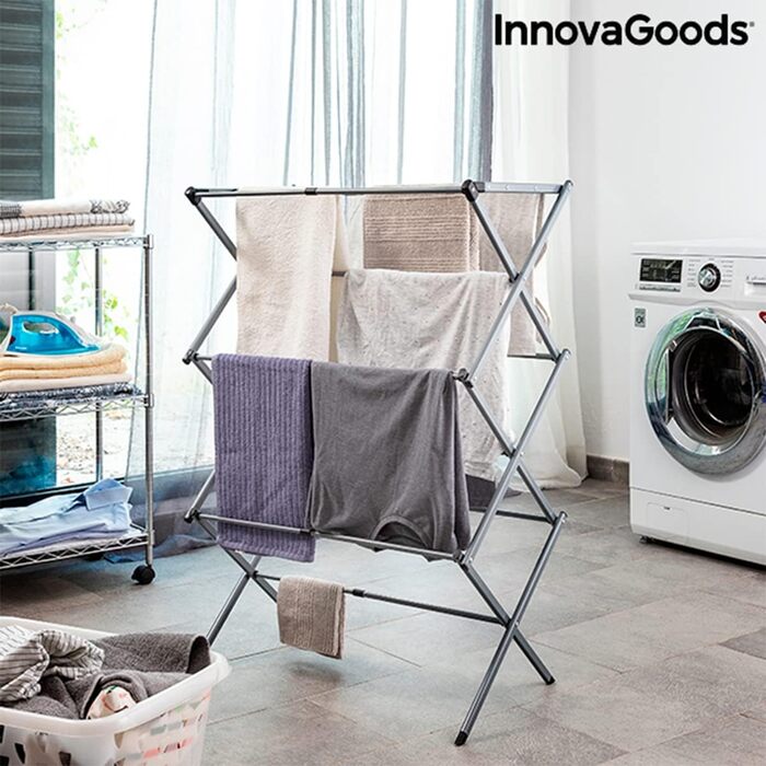 Складана розсувна металевa сушарка для білизни InnovaGoods, 3 рівні, 11 прутів, водостійка, легкий монтаж, срібляста, розмір A