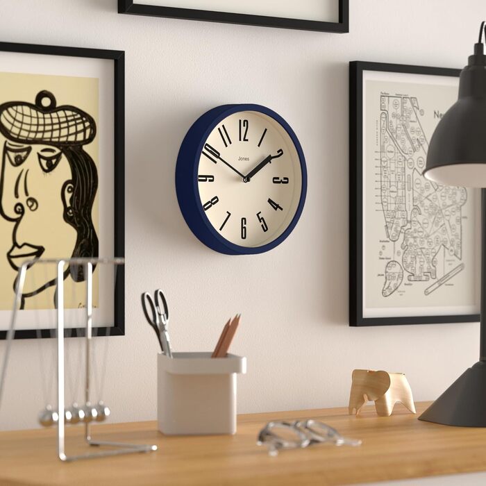 Настінний годинник JONES CLOCKS Retro 20 см, синій, великі цифри, для кухні, офісу, дитячої кімнати, ванної, водостійкий
