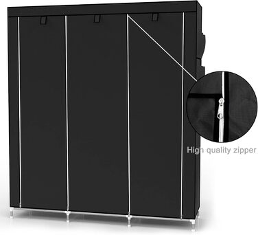 Тканинна шафа INTIRILIFE 130x175x45 см з блискавкою, полицями, штангою та бічною кишенею, складна, для одягу, для кемпінгу, чорна