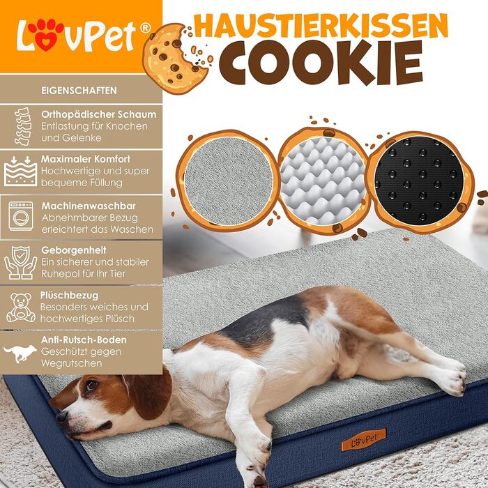 Ортопедичне ліжко-матрац Lovpet для собак Cookie, знімний і праний чохол, миска та 3 кісточки у комплекті, для малих, середніх і великих порід, розмір L 91x69x7,6 см, антрацит (M 76x51x7,6 см, темно-синій/світло-сірий)
