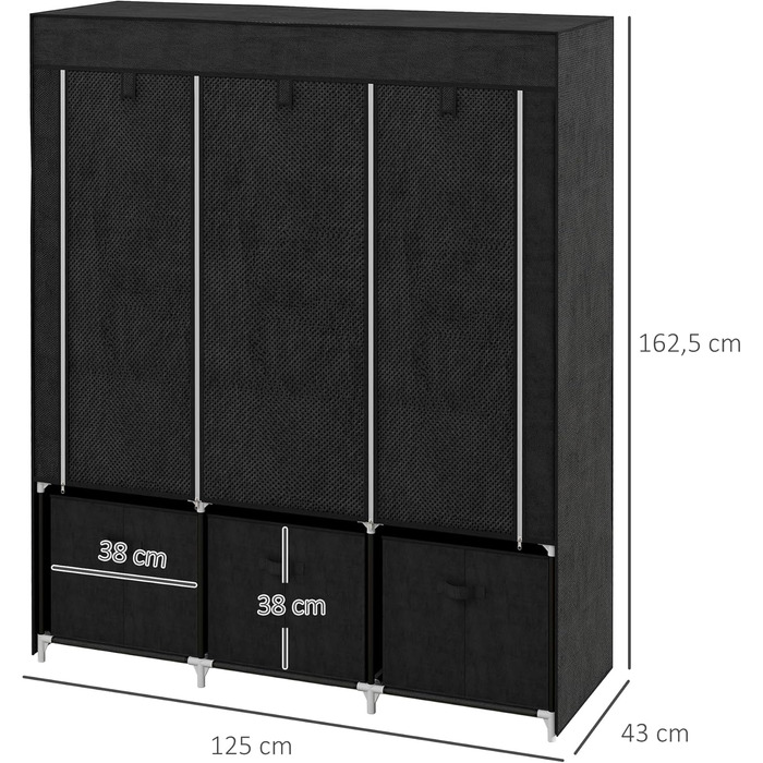 Складний текстильний шафа HOMCOM з вішалками та шухлядами, чорний, 125x43x162,5 см, для спальні