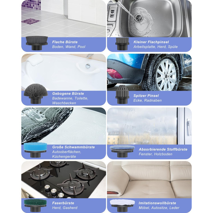 Електрична щітка для прибирання Homtronics, складана, з довгою ручкою, 8 насадок, бездротова, для ванної, кухні, авто, сіра