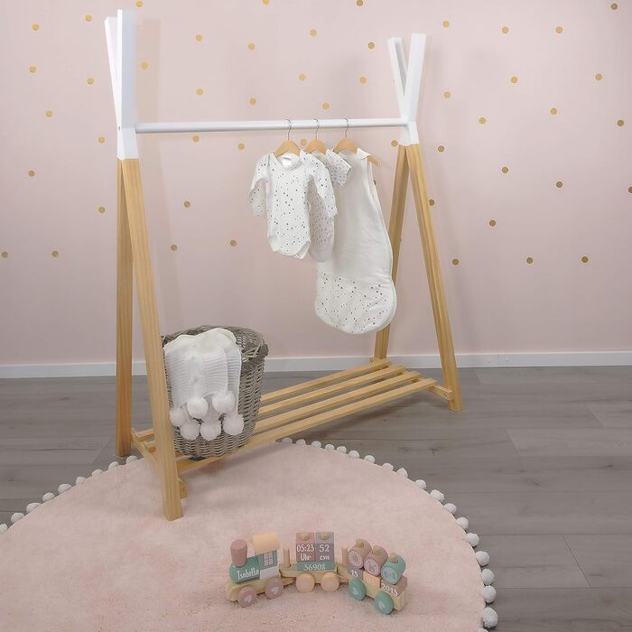 Вішак для одягу Puckdaddy Hugo 60x30x120 см із сосни в стилі вінтаж, білий, з полицею для взуття, для дитячої кімнати