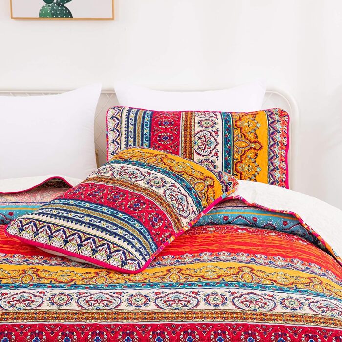 Покривало WONGS BEDDING Boho 220x240 см, мікрофібра, 3 предмети: стьобане покривало на двоспальне ліжко та 2 наволочки 50x70 см, для спальні або дивана (Богемний стиль)