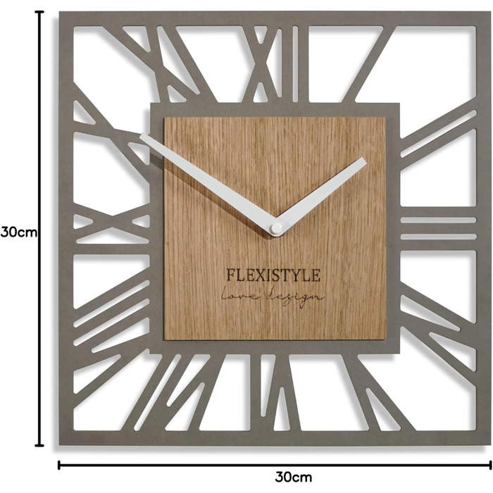 Сучасний настінний годинник FLEXISTYLE LOFT Piccolo Square 30 см, безшумний, для вітальні та ванної, сірий дуб