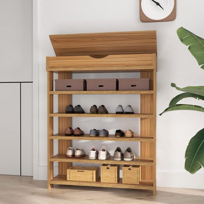 Soges 5-рівнева полиця для взуття з дерева, 75 x 30 x 94,5 см, тика, взуттєва шафа для вітальні, передпокою, коридору