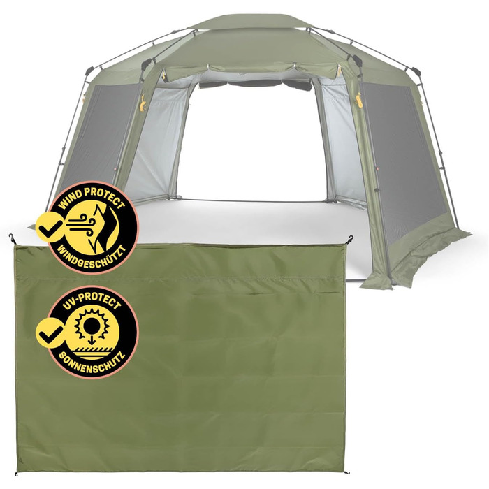 Намет садовий Lumaland Outdoor 2,5x2,5 м водонепроникний з UV-захистом, зелений, з бічною стінкою, сумкою та кілочками, швидке встановлення 2 хвилини, для кемпінгу та вечірок