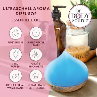 Аромадифузор ультразвуковий The Body Source 300 мл з LED-підсвіткою 7 кольорів, таймером і зволожувачем повітря, електрична лампа для ефірних олій для дому, офісу, спа