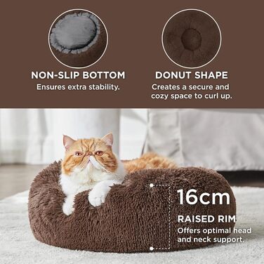 Лежак для котів та собак BEDSURE, круглий плюшевий, м'яке ліжко-кушон, коричневий, 50×50×16 см, діаметр 80 см, праний