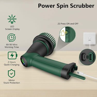 Електрична щітка для прибирання з 6 насадками, Spin Scrubber 2 швидкості, для ванної, плитки, підлоги, авто, LED дисплей