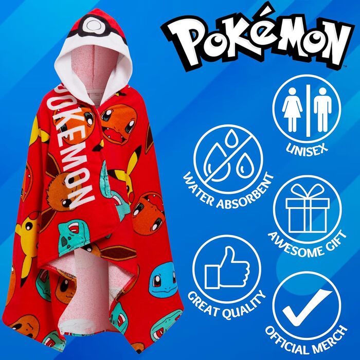 Дитячий пончо-рушник Pokemon з капюшоном, 100% бавовна, Покебол, Пікачу, пляжне та банне покривало