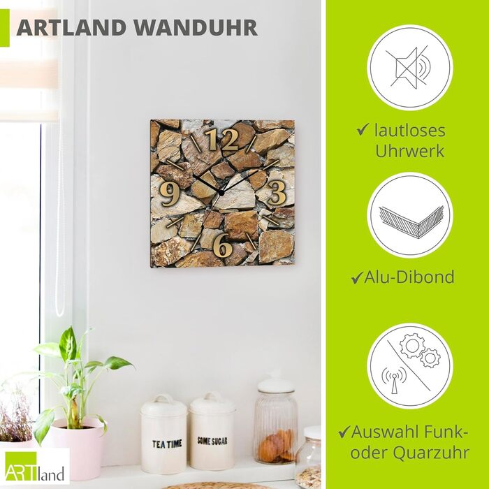 Настінний годинник ARTLAND 30x30 см, безшумний, алюмінієвий, кварцовий, квадратний, 4 цифри, дизайн під камінь