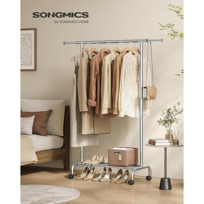 Пересувна стійка для одягу SONGMICS, розсувна, сталева, з полицею, 40x(83-120)x156 см, біла