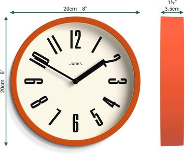 Настінний годинник JONES CLOCKS 20 см, ретро, помаранчевий, легке читання, для кухні, офісу, дитячої кімнати