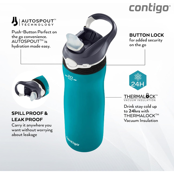 Термобутилка Contigo Ashland Chill з трубочкою, нержавіюча сталь, 590 мл, ізольована, для спорту, велосипеда, туризму, не протікає (Scuba)