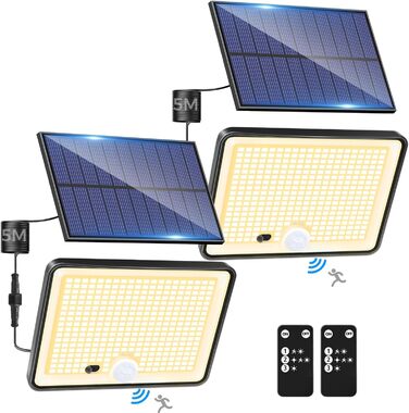 Сонячні ліхтарі LOTMOS з датчиком руху, 342 LED, IP65, 3 режими, з пультом, тепле біле світло, для вулиці, саду, гаража, 2 шт.