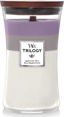 WoodWick велика ароматична свічка Trilogy у скляній пісочному годиннику з дерев'яним гнітом, Amethyst Sky, до 130 годин горіння