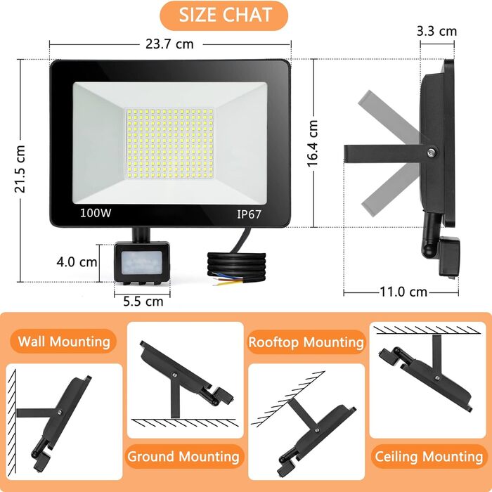 LED прожектор із сенсором руху для вулиці, 50 Вт, 5000 Лм, 6500K, 2 шт, водонепроникний IP67, зовнішній ліхтар для складу, саду, гаража