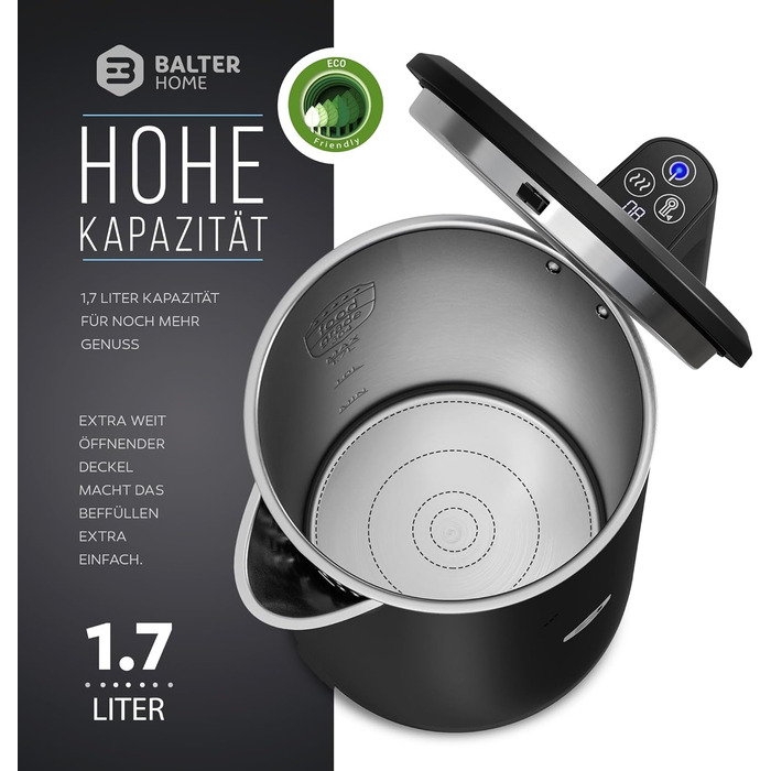 Електрочайник Balter WK-5 Touch з нержавіючої сталі, температурний режим 40–100°C, подвійні стінки, BPA-free, 1,7 л, чорний