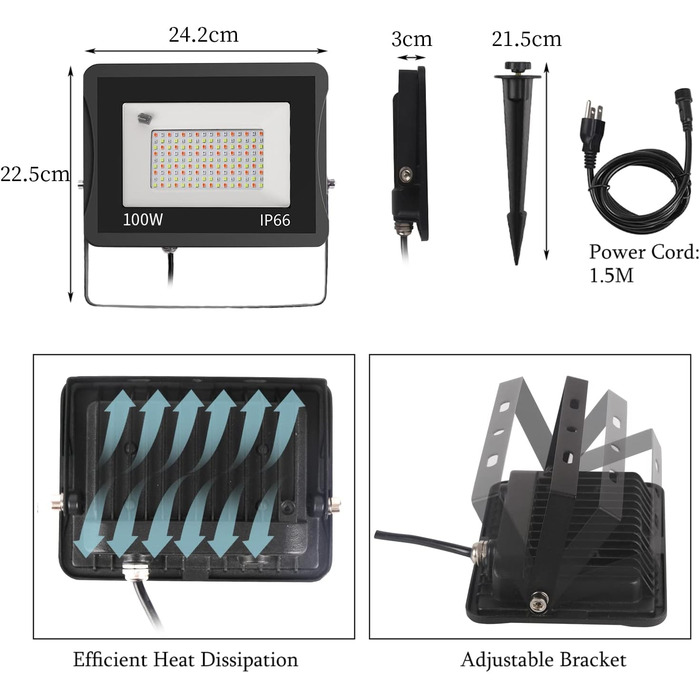 LED прожектори T-SUN 100W, 16 кольорів, IP66, для вулиці та саду, з пультом, набір 2 шт.