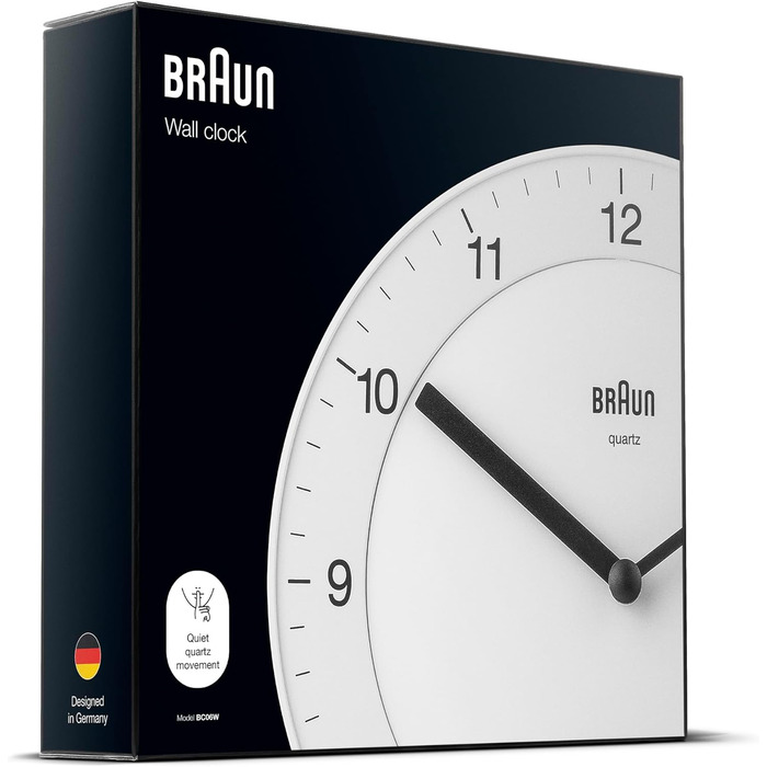 Настінний годинник Braun BC06W, класичний, аналоговий, кварцовий механізм, тихий хід, білий циферблат, 20 см
