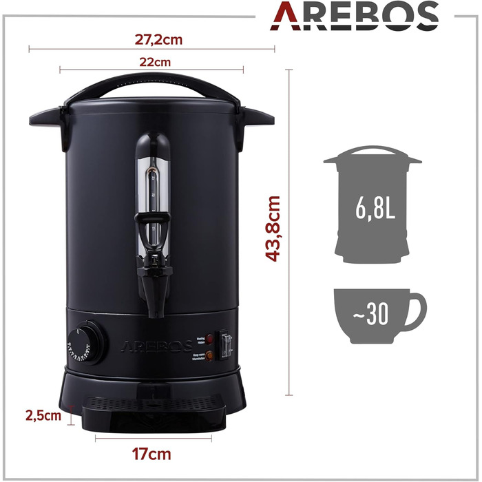 Електричний диспенсер для глінтвейну Arebos 6,8 л, 950 Вт, з термостатом, краном, піддоном, захистом від перегріву, температурний режим 30-110°C, чорний