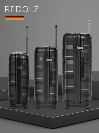 Жорсткий кабінний чемодан-тролей 40x20x55 см з поліпропілену, 4 колеса, TSA-замок, набір з 3-х, чорний металік