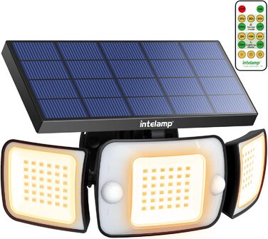 Сонячний LED-світильник INTELAMP з датчиком руху, 6000 мАг, 1200 Лм, 270° ширококутний, IP65, з пультом, для вулиці, ганку та гаража, тепле світло