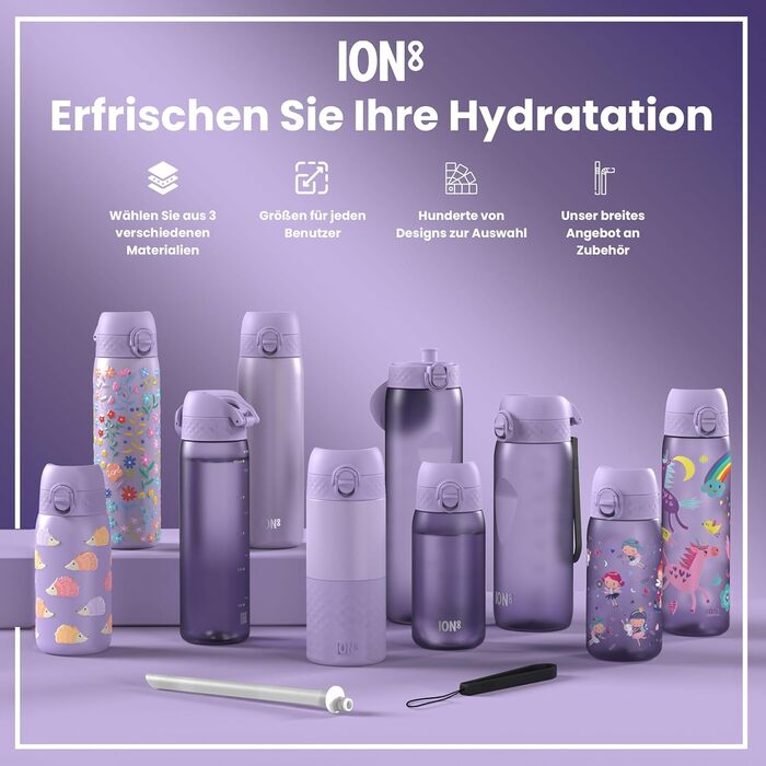 Ion8 ізольована пляшка для води з нержавіючої сталі 320 мл, герметична, зручне відкриття однією рукою, безпечне блокування, для дітей, єдиноріг, фіолетова, підходить для посудомийної машини, легка очистка, довговічна