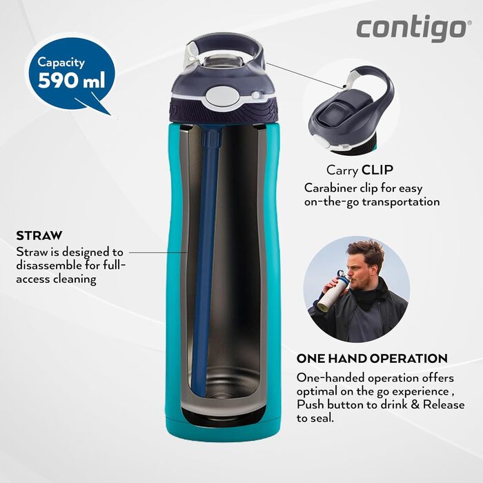 Термобутилка Contigo Ashland Chill з трубочкою, нержавіюча сталь, 590 мл, ізольована, для спорту, велосипеда, туризму, не протікає (Scuba)